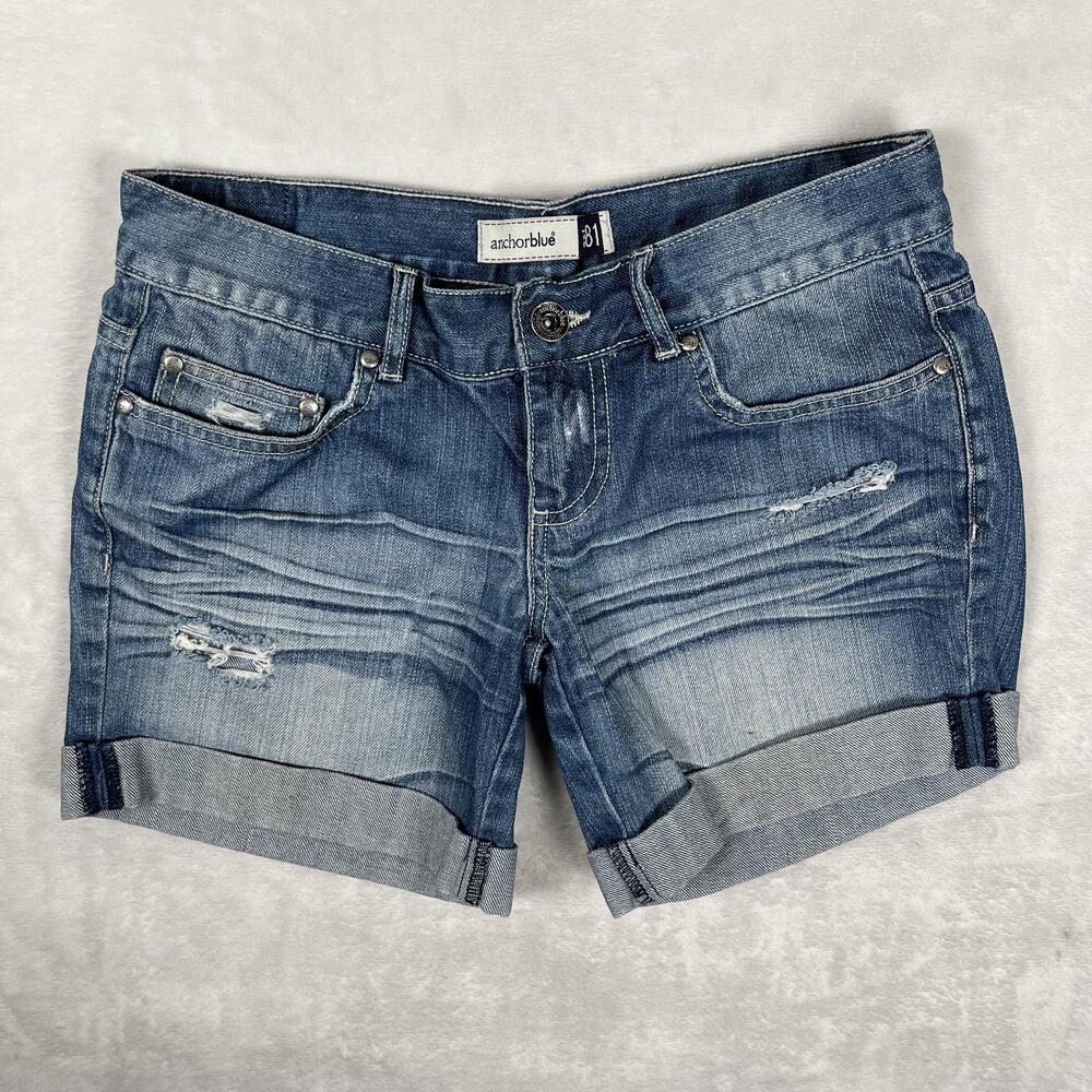Vintage Anchor Blue Denim Shorts Womens 3 Blue Skimmer Cuffed Distressed Y2K